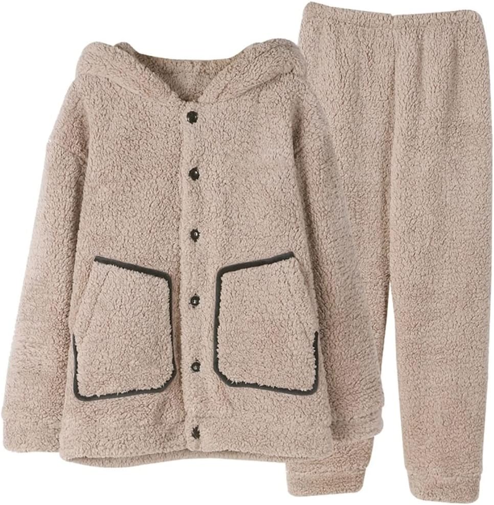 FEER Winter Warm Hooded Pajama Sets Double Sides Thick Flannel Elastic Waist Long Pants Plus Size Pijama (Color : D, Size : Large Code)