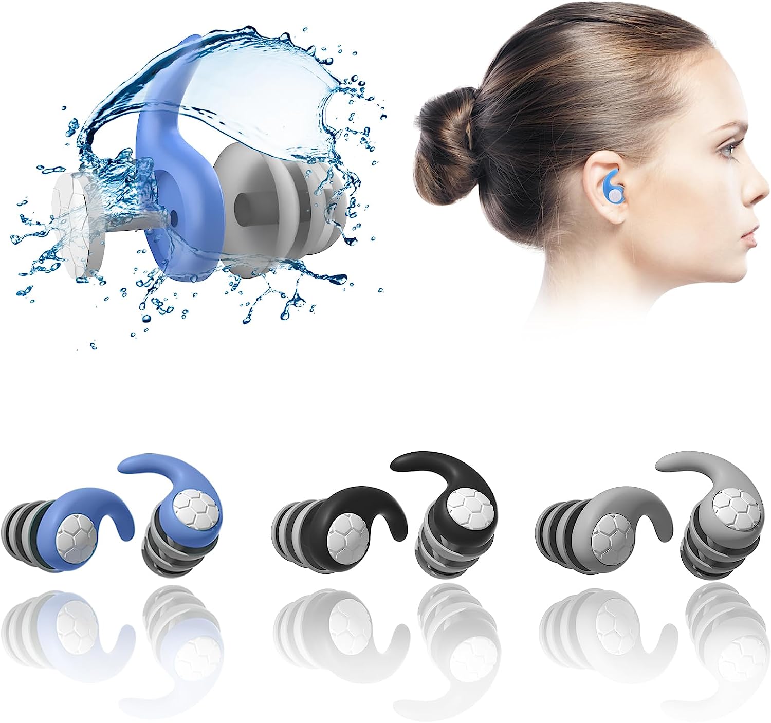 Swimming Ear Plugs for Adults,3 Pairs Waterproof Silicone Reusable Swim Earplugs for Swimming Surfing Diving Showering, Recommended for 14 Years Olds up