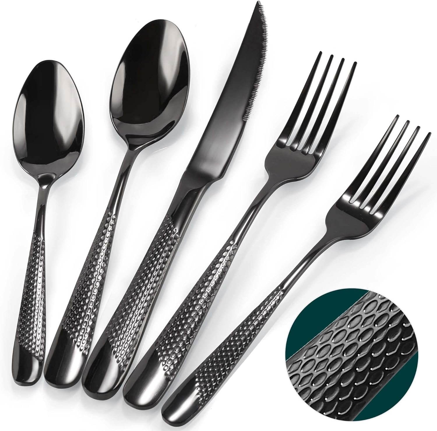Hammered Silverware Set, PUREAIN 30 Pieces Black Silverware Set for 6, Stainless Steel Flatware Set for Home, Kitchen, Restaurant and Hotel, Mirror Polished...