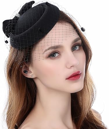 Zivyes Fascinator Hats for Women Pillbox Hat with Veil Headband and a Forked Clip Tea Party Headwear