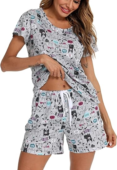 ENJOYNIGHT Cute Pajama Sets for Women Sleepwear Print Tee and Shorts Pajama Set Cotton Pj Set