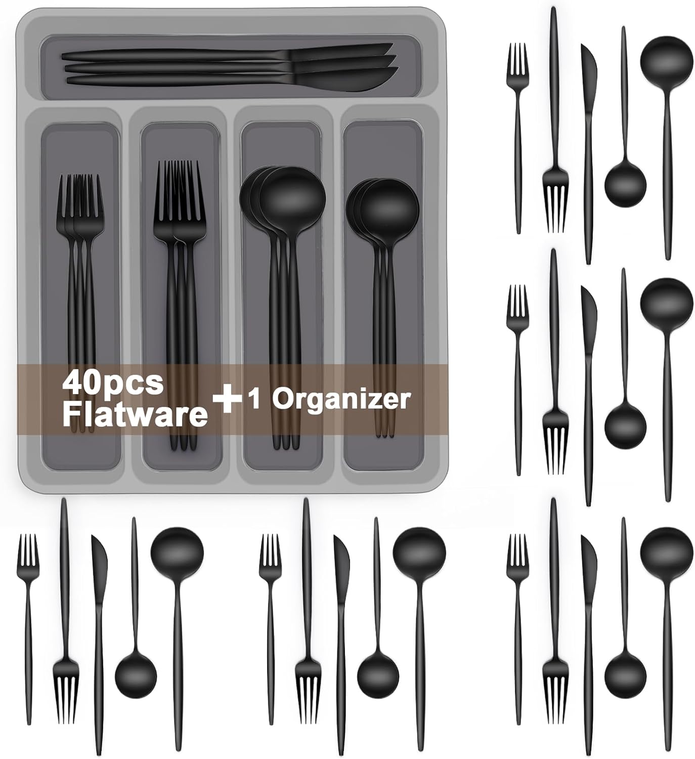 Black Silverware Set, 40-Piece AIVIKI Flatware Set with Organizer Tray, Stainless Steel Cutlery Set for 8, Kitchen Black Utensils Tableware Set for Home...