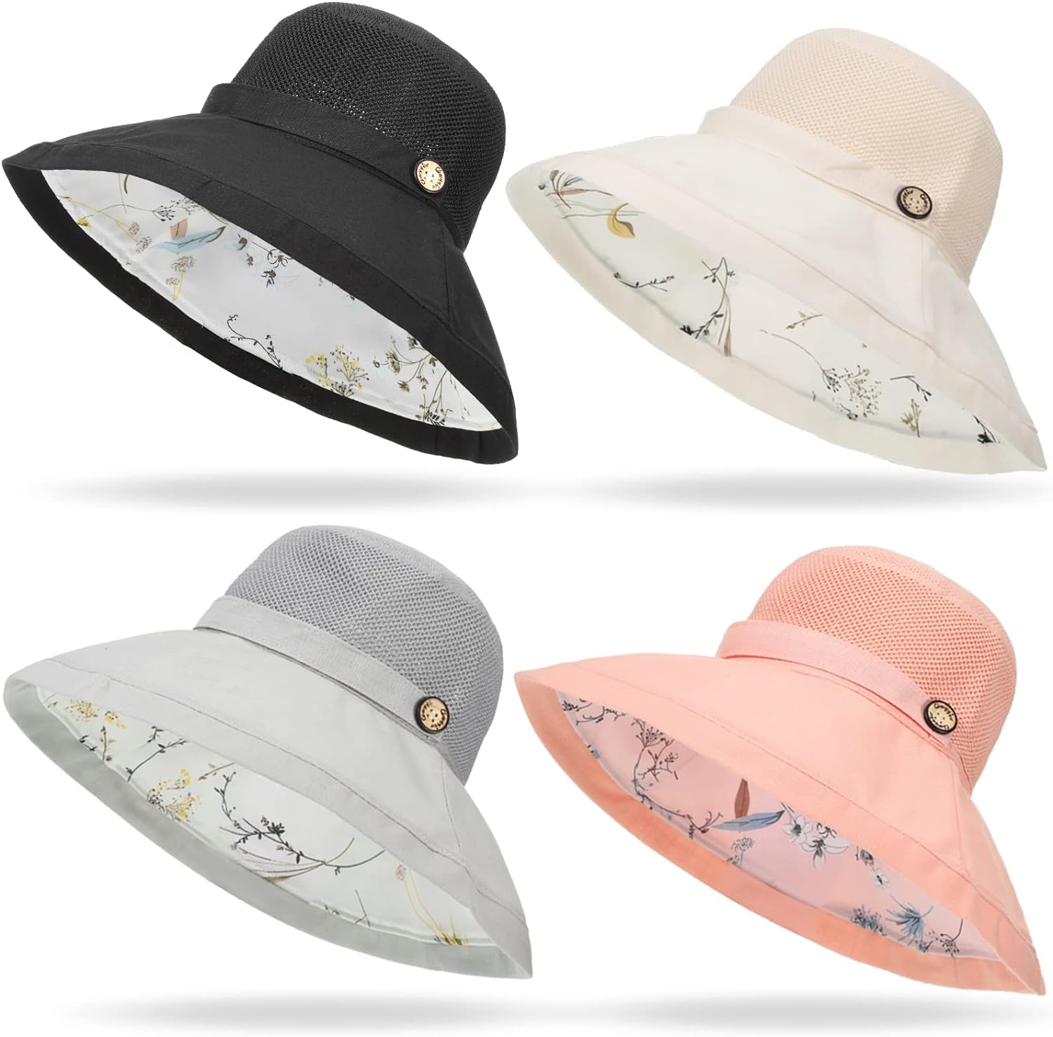 4 Pcs Summer Bucket Hat UV Protection Mesh Sun Hats for Women Metal Wired Edge Beach Cap Wide Brim Sun Hat with Chin Strap Packable Sun Hat for Hiking...