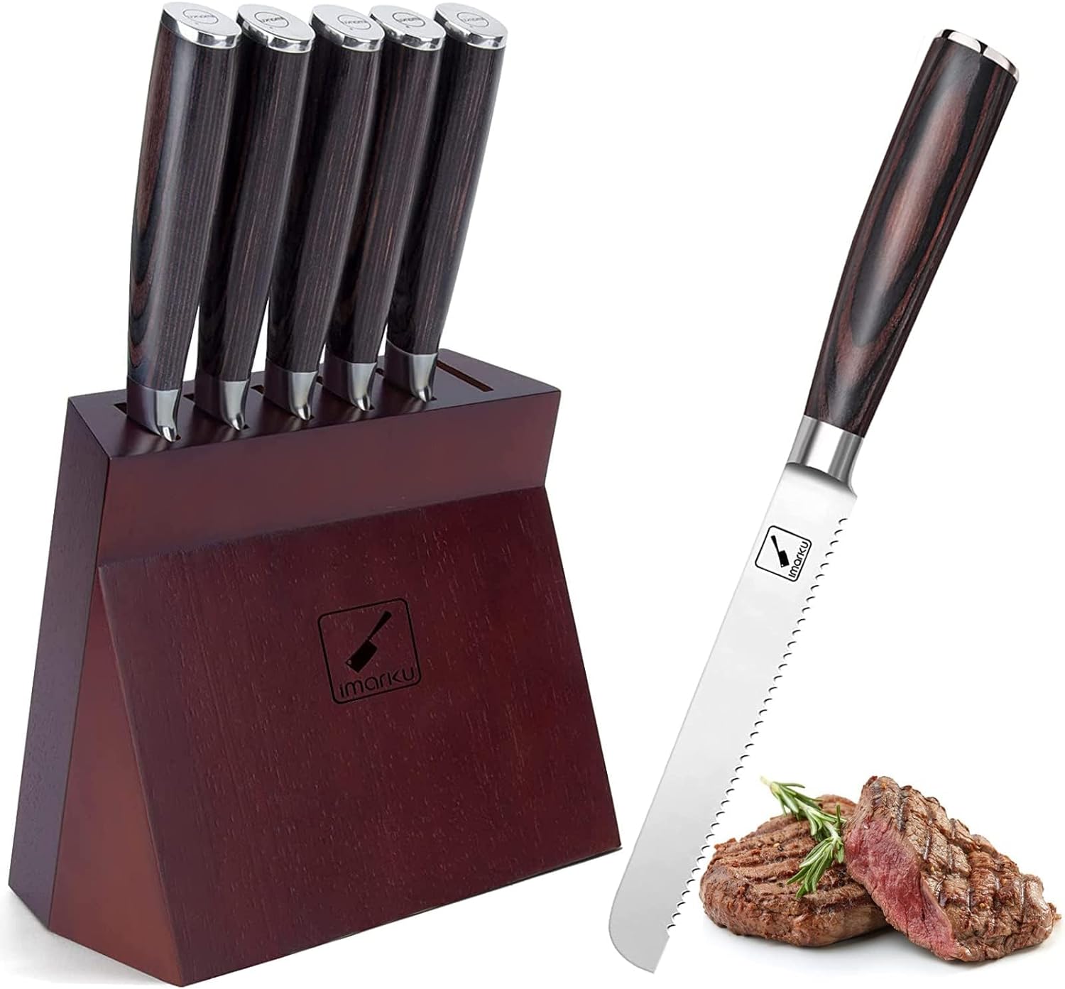 imarku Steak Knives Serrated, Steak Knives Set of 6, German Stainless Steel Steak Knife Set with Block, 5-inch Sharp Steak Knives with Ergonomic Handle,...