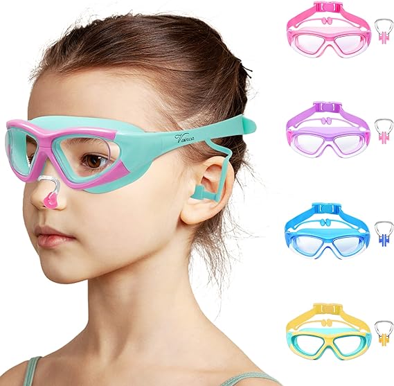 Vvinca Kids Swim Goggles for Kids 3-12, 2022 Upgraded Design with Ear&Nose Plug, Wide View Anit-Fog No Leak Water Pool Goggle