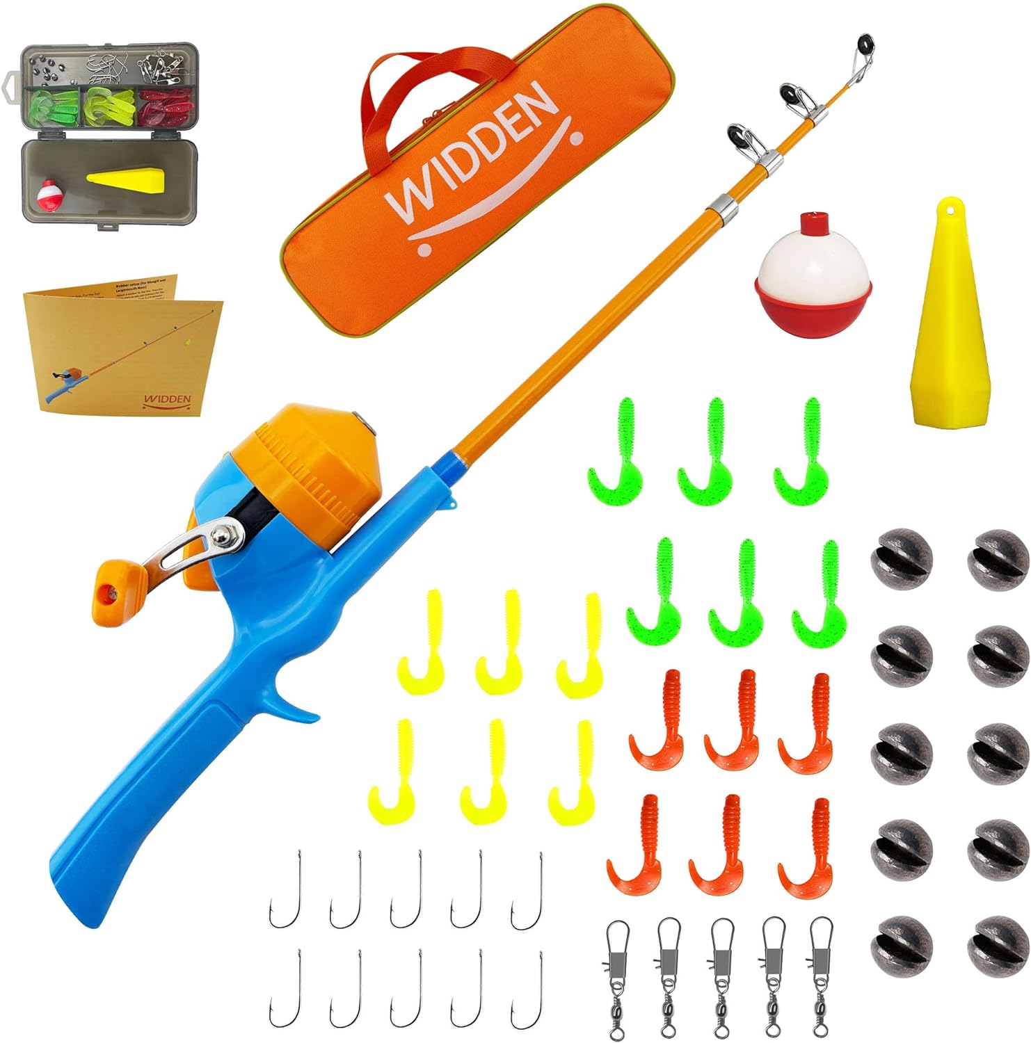 WIDDEN Kids Fishing Pole, Telescopic Fishing Rod, Toddler Collapsible Fishing Rod and Reel Combo with Tackle Box, Fishing Line, Bobber, and Soft Lures for Boy, Girl, Youth, Beginner, Over 4 Years Old