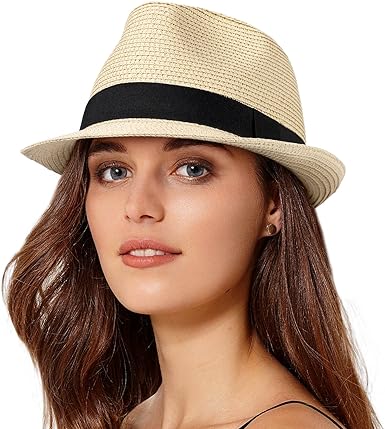Womens Short Brim Straw Sun Hat Fedora Trilby Hat Panama Men Roll Up Packable Beach Hats…