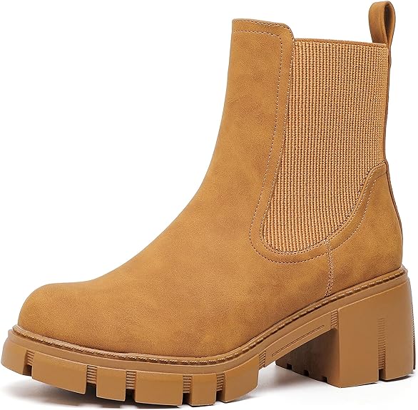 YETIER Women's Lug Sole Ankle Booties Non-Slip Chunky Heel Combat Shoes Elastic Chelsea Platform Boots