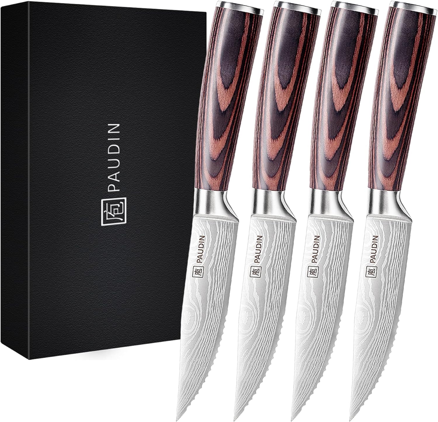 PAUDIN Steak Knives Set of 4, Ultra Sharp Steak Knives 5.25 Inch, High Carbon Stainless Steel Serrated Steak Knife Set Pakkawood Handle, Kitchen Knives Set...
