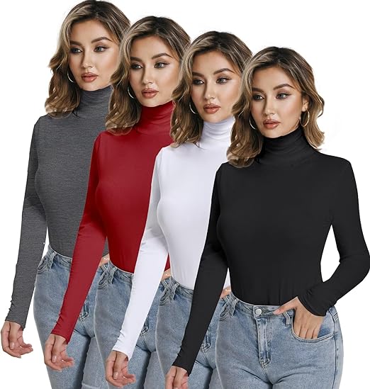 Dalavch 4 Pack Women’s Turtle Neck Long Sleeve Shirts Fall Fashion Turtleneck Baselayer Undershirts Tops Underscrub