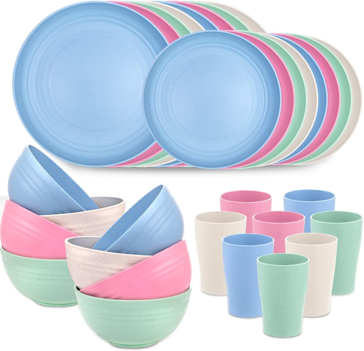 Supernal Wheat Straw Dinnerware, Microwave Dishwasher Safe, Unbreakable Light Weight Plates Service For 8, Reusable Tableware Set, Multicolor Set 16pcs Plates, 8pcs Bowls, 8pcs Cups