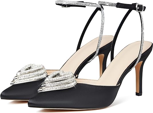 Atsroel High Heeled Sandals for Women Rhinestone Triple Heart Pumps Pointed Toe For Wedding Block Heels Dress Shoes for Women