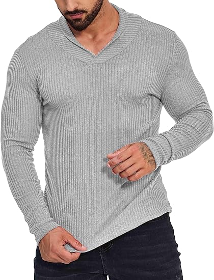 ZAFUL Mens Shawl Collar V Neck Sweater Shirts Lightweight Muscle Long Sleeve T Shirts Fitted Knitted Pullover Thermal Tops