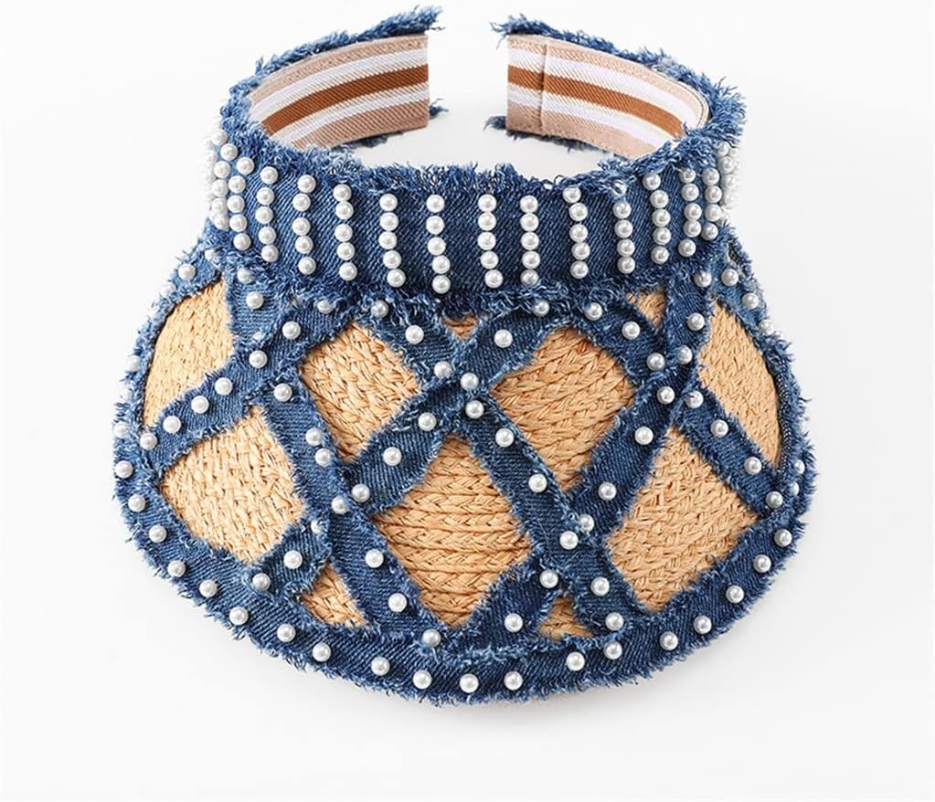 EYHLKM Designer Visor Sun Hats for Women Summer Beach Hats Raffia Straw Hats Handmade Pearl Denim Edging