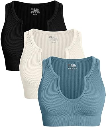 OQQ Women's 3 Piece Medium Support Crop Top Seamless Ribbed Removable Cups Workout Yoga Sport Bra