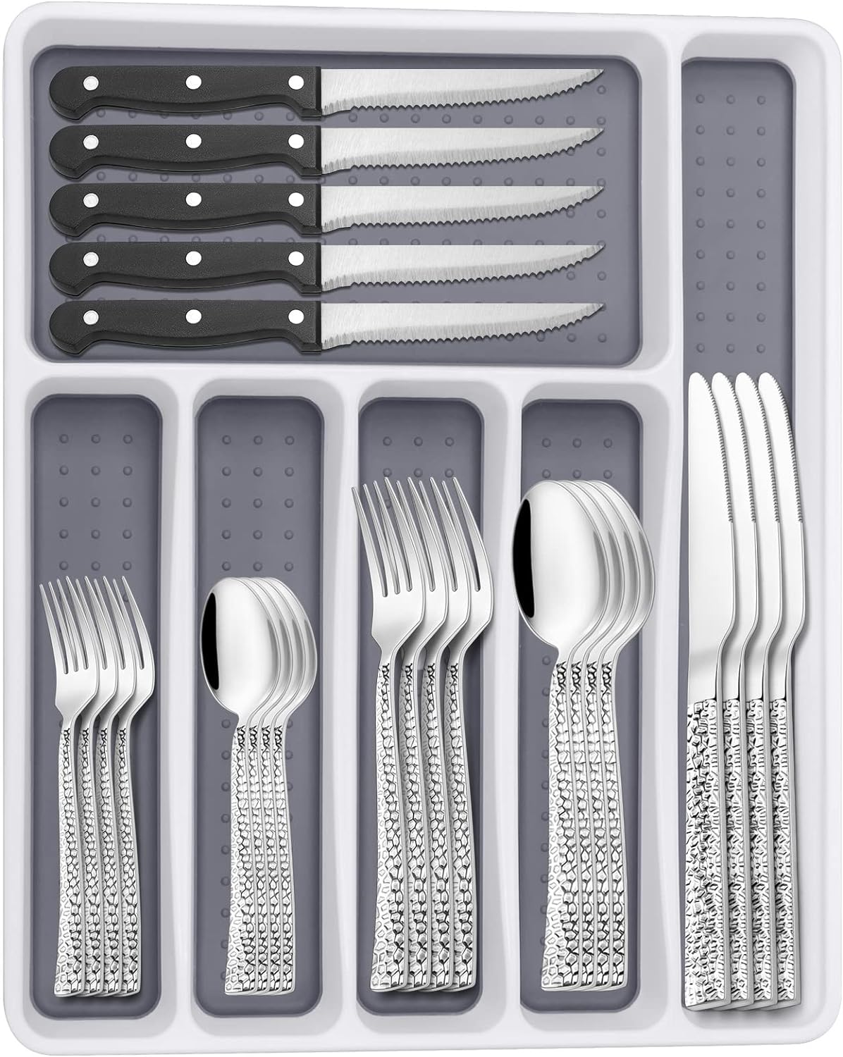 Hammered Silverware Set with Organizer, 49 Piece Stainless Steel Flatware Set for 8, Eating Utensil Sets with Steak knives, Cutlery Tableware Service...