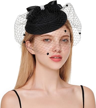 C.Garopl Women Fascinators Hat Hair Clip Wedding Cocktail Headband Tea Party Feather Flower Pillbox Hat with Veil