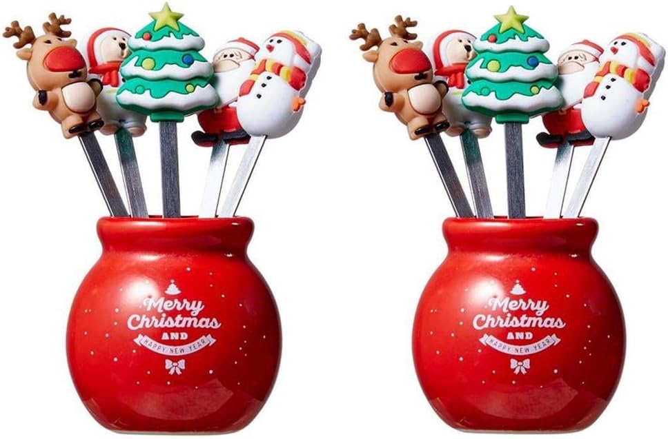 10 Pcs Christmas Forks with 2Pcs Red Jar Holder Food Picks for Kids Santa Claus Snowman Xmas Tree Stainless Steel Food Pick Forks for Christmas Tableware Dessert Cake Ice Cream Bread Fruit Forks
