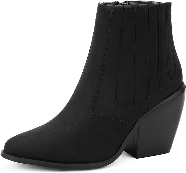 MaxMuxun Women's Chunky Heel Western Cowboy Booties Black Faux Leather Pointed Toe Chelsea Ankle Boots