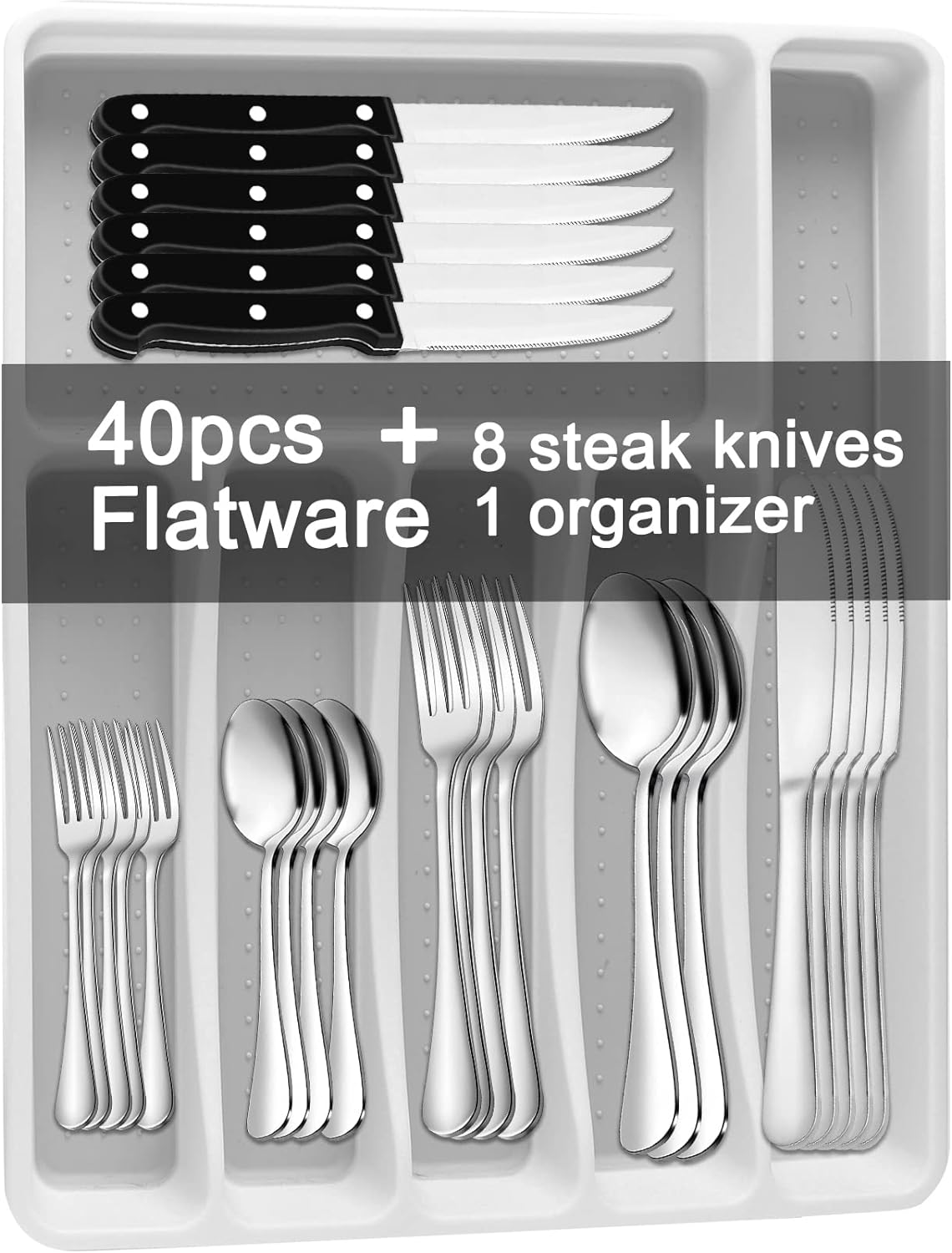 49-Piece Silverware Set with Flatware Drawer Organizer, Heavy Duty Stainless Steel Cutlery for 8, Mirror Polished Kitchen Utensils Tableware Service with...