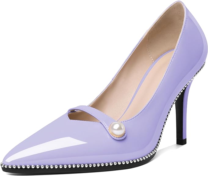 Eldof Women's High Heel Pumps Pointed Toe Slip On Pearl Strap Stiletto Heels Beaded Pumps Shoes Women Dress Sexy Heels 3.5 Inches