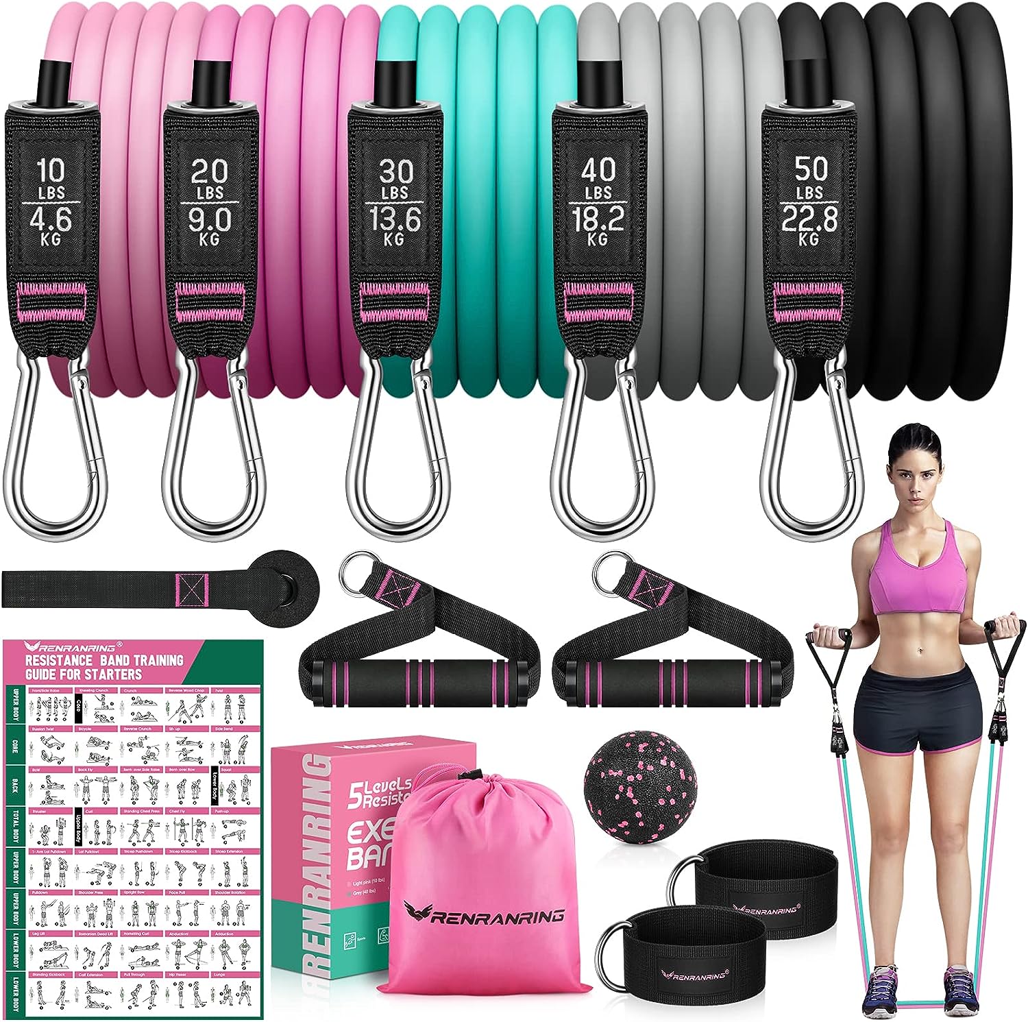 RENRANRING Resistance Bands for Working Out, 150LBS Exercise Bands, Workout Bands, Resistance Bands Set with Handles for Men Women, Legs Ankle Straps for...