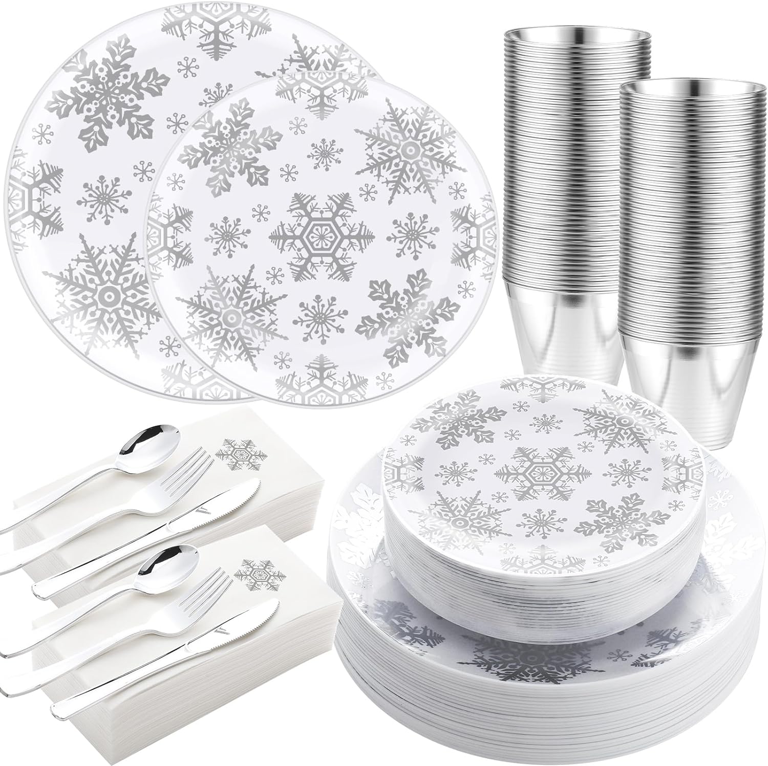 Sliner 350 Pcs Christmas Dinnerware Set Snowflake Disposable Tableware Set Include 7.5'' Plates 10.25'' Plates Napkins Cups Forks Knife Spoons for 50 Guests Xmas Winter Holiday Party Supplies (Silver)