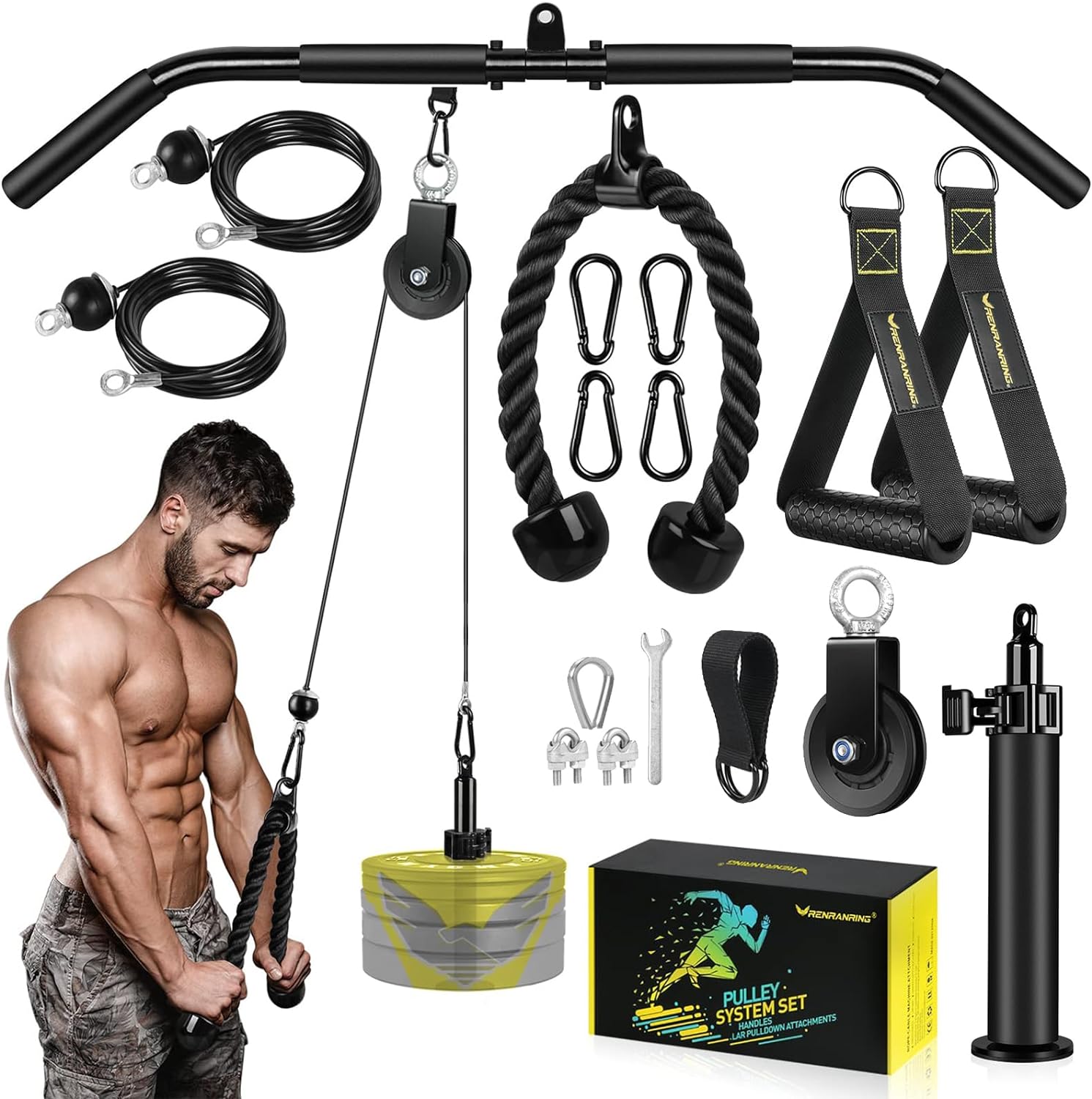 VAVOSPORT Fitness LAT and Lift Pulley System Gym - Upgraded LAT Pull Down Cable Machine Attachments, Loading Pin, Handle and Tricep Rope, for Biceps Curl,...