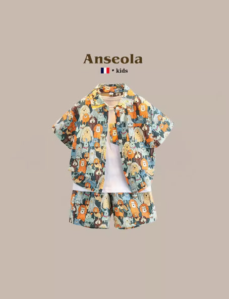 ANSEOLA Boys Summer Short-sleeved Suit Cartoon Children Fashionable Boy Baby Cool Summer Shirt Three-piece Suit