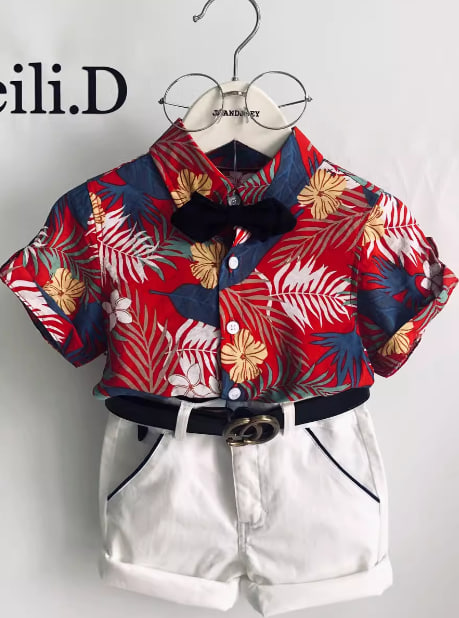 100-day-old baby boy shirt suit summer British style one-year-old floral short-sleeved shirt shorts photo dress