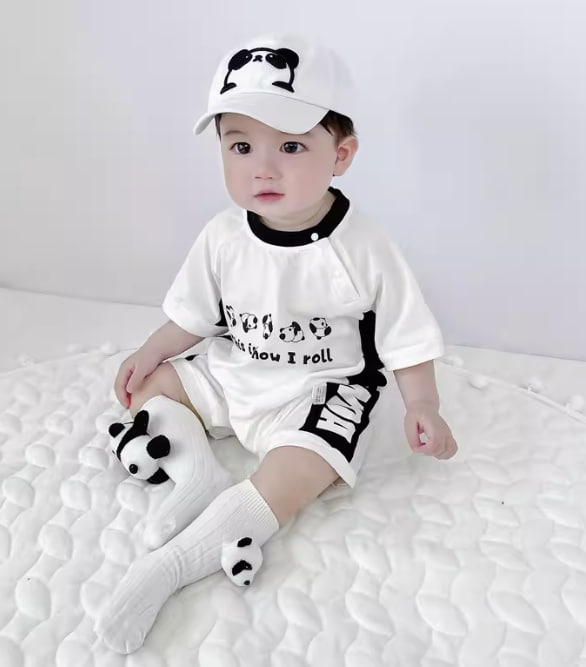 Baby boy contrast color panda jersey newborn cartoon print short-sleeved crawling clothes summer baby one-piece romper short crawling clothes