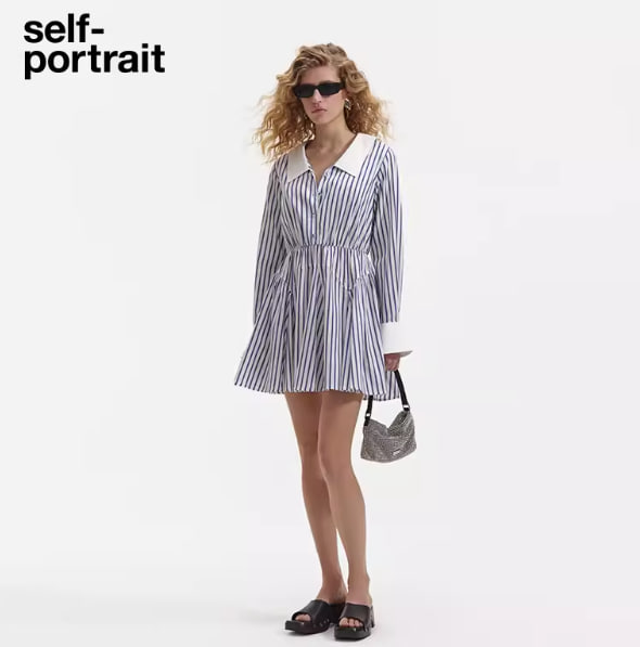 self-portrait 2024 spring and summer new blue striped lapel long-sleeved shirt sweet dress short skirt